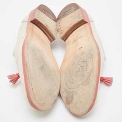 Santoni Light Grey/Pink Brogue Leather Fringe Detail Slip On Loafers Size 40
