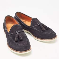 Pre Owned Santoni Navy Blue Suede Tassel Loafers Size 39