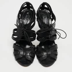 Pre Owned Santoni Black Leather Strappy Sandals Size 37.5