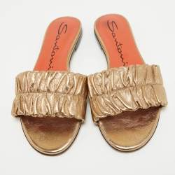 Pre Owned Santoni Gold Leather Flat Slides Size 37.5