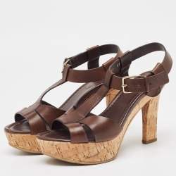 Santoni Brown Leather Ankle Strap Platform Sandals Size 37