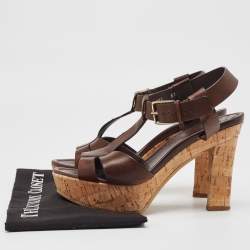 Santoni Brown Leather Ankle Strap Platform Sandals Size 37