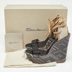 Santoni Black/Beige Canvas and Python Leather Wedge Platform Ankle Wrap Sandals Size 40
