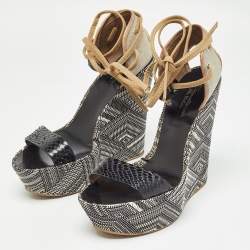 Santoni Black/Beige Canvas and Python Leather Wedge Platform Ankle Wrap Sandals Size 40