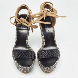 Santoni Black/Beige Canvas and Python Leather Wedge Platform Ankle Wrap Sandals Size 40