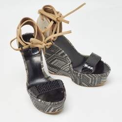 Santoni Black/Beige Canvas and Python Leather Wedge Platform Ankle Wrap Sandals Size 40