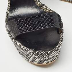 Santoni Black/Beige Canvas and Python Leather Wedge Platform Ankle Wrap Sandals Size 40