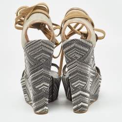 Santoni Black/Beige Canvas and Python Leather Wedge Platform Ankle Wrap Sandals Size 40