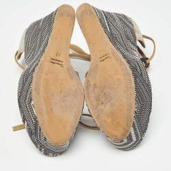 Santoni Black/Beige Canvas and Python Leather Wedge Platform Ankle Wrap Sandals Size 40