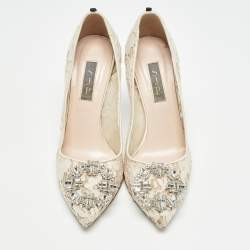 Pre Owned SJP Sarah Jessica Parker White Lace and Mesh Pumps Size 37