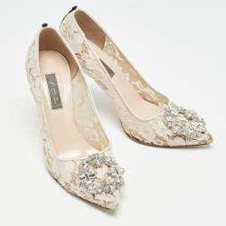 Pre Owned SJP Sarah Jessica Parker White Lace and Mesh Pumps Size 37