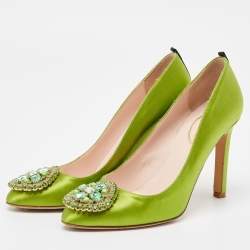 Pre Owned SJP Sarah Jessica Parker Green Satin Crystal Embellished Pumps Size 37
