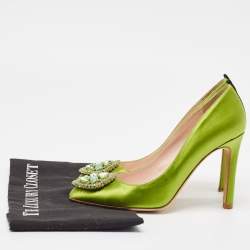Pre Owned SJP Sarah Jessica Parker Green Satin Crystal Embellished Pumps Size 37