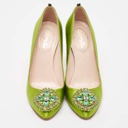 Pre Owned SJP Sarah Jessica Parker Green Satin Crystal Embellished Pumps Size 37