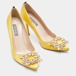 SJP Sarah Jessica Parker Yellow Satin Crystal Embellished Pumps Size 37