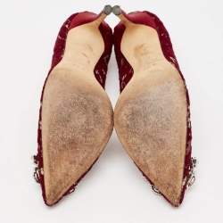 Pre Owned SJP Sarah Jessica Parker Burgundy Lace Crystal Embellished Buckle Pumps Size 37