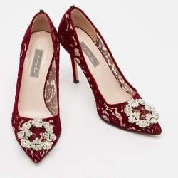 Pre Owned SJP Sarah Jessica Parker Burgundy Lace Crystal Embellished Buckle Pumps Size 37