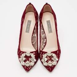 Pre Owned SJP Sarah Jessica Parker Burgundy Lace Crystal Embellished Buckle Pumps Size 37