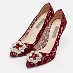 Pre Owned SJP Sarah Jessica Parker Burgundy Lace Crystal Embellished Buckle Pumps Size 37