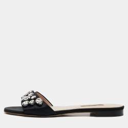 SJP Sarah Jessica Parker Black Satin Crystal Embellished Flat Slides Size 37