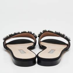 SJP Sarah Jessica Parker Black Satin Crystal Embellished Flat Slides Size 37