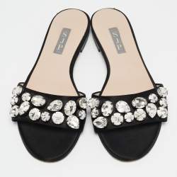 SJP Sarah Jessica Parker Black Satin Crystal Embellished Flat Slides Size 37