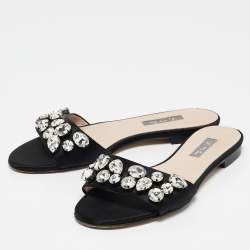 SJP Sarah Jessica Parker Black Satin Crystal Embellished Flat Slides Size 37