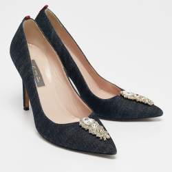 Pre Owned SJP Sarah Jessica Parker Navy Blue Denim Crystal Embellished Pointed Toe Pumps Size 37