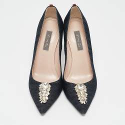 Pre Owned SJP Sarah Jessica Parker Navy Blue Denim Crystal Embellished Pointed Toe Pumps Size 37