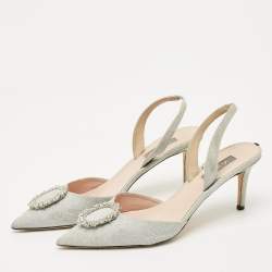Pre Owned SJP Sarah Jessica Parker Silver Glitter Leather Mabel Slingback Pumps Size 40