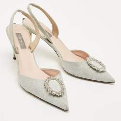 Pre Owned SJP Sarah Jessica Parker Silver Glitter Leather Mabel Slingback Pumps Size 40