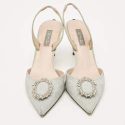 Pre Owned SJP Sarah Jessica Parker Silver Glitter Leather Mabel Slingback Pumps Size 40