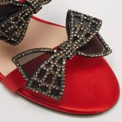 Pre Owned SJP Sarah Jessica Parker Red Satin Crystal Embellished Bow Slide Sandals Size 38.5