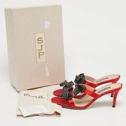 Pre Owned SJP Sarah Jessica Parker Red Satin Crystal Embellished Bow Slide Sandals Size 38.5