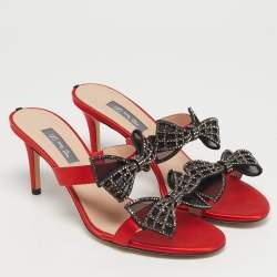 Pre Owned SJP Sarah Jessica Parker Red Satin Crystal Embellished Bow Slide Sandals Size 38.5