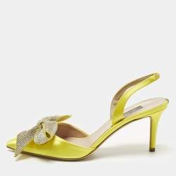 مملوكة مسبقًا SJP Sarah Jessica Parker The LJ Recital Size 38 Silver Satin Bow Crystal Embellished Slingback Pumps