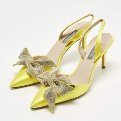 Pre Owned SJP Sarah Jessica Parker The LJ Recital Size 38 Satin Bow Crystal Embellished Slingback Pumps