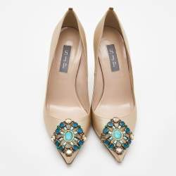 Pre Owned SJP Sarah Jessica Parker Beige Satin Crystal Embellished Pointed Toe Pumps Size 36