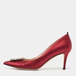 Pre Owned SJP Sarah Jessica Parker Burgundy Satin Crystal Embellished Pumps Size 37