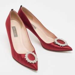 Pre Owned SJP Sarah Jessica Parker Burgundy Satin Crystal Embellished Pumps Size 37