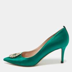 Pre Owned SJP Sarah Jessica Parker Green Satin Crystal Embellished Pumps Size 38