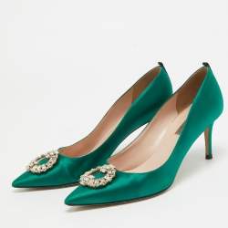Pre Owned SJP Sarah Jessica Parker Green Satin Crystal Embellished Pumps Size 38