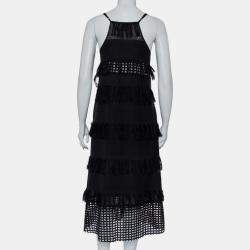 Sea Black Cotton Cutwork Paneled Fringed Midi Dress M