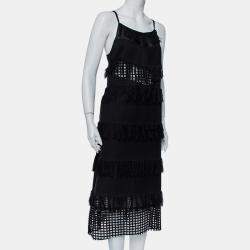Sea Black Cotton Cutwork Paneled Fringed Midi Dress M