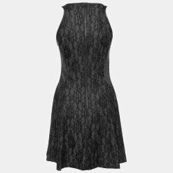 Pre Owned Sea Black Lace and Distressed Leather Panel Dress S 