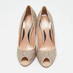 Sebastian Beige/Silver Lace and Glitter Peep Toe Pumps Size 40.5