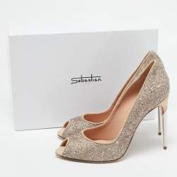 Sebastian Beige/Silver Lace and Glitter Peep Toe Pumps Size 40.5