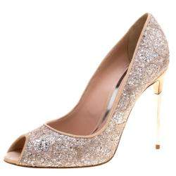 Sebastian Beige Lace and Silver Glitter Peep Toe Pumps Size 40