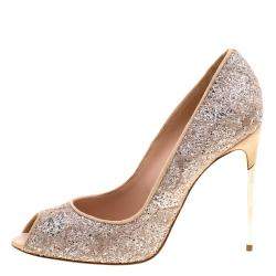 Sebastian Beige Lace and Silver Glitter Peep Toe Pumps Size 40