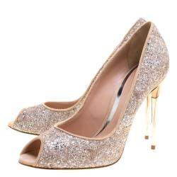 Sebastian Beige Lace and Silver Glitter Peep Toe Pumps Size 40